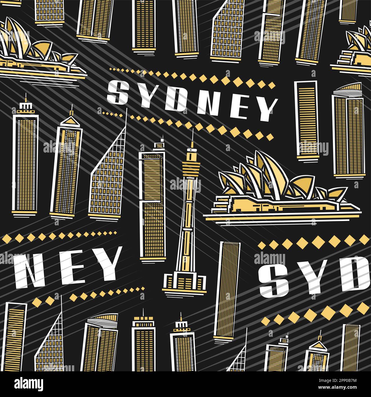 Vector Sydney Seamless Pattern, sfondo quadrato ripetuto con illustrazione del famoso paesaggio cittadino di sydney su sfondo scuro per carta da imballaggio, arredamento Illustrazione Vettoriale