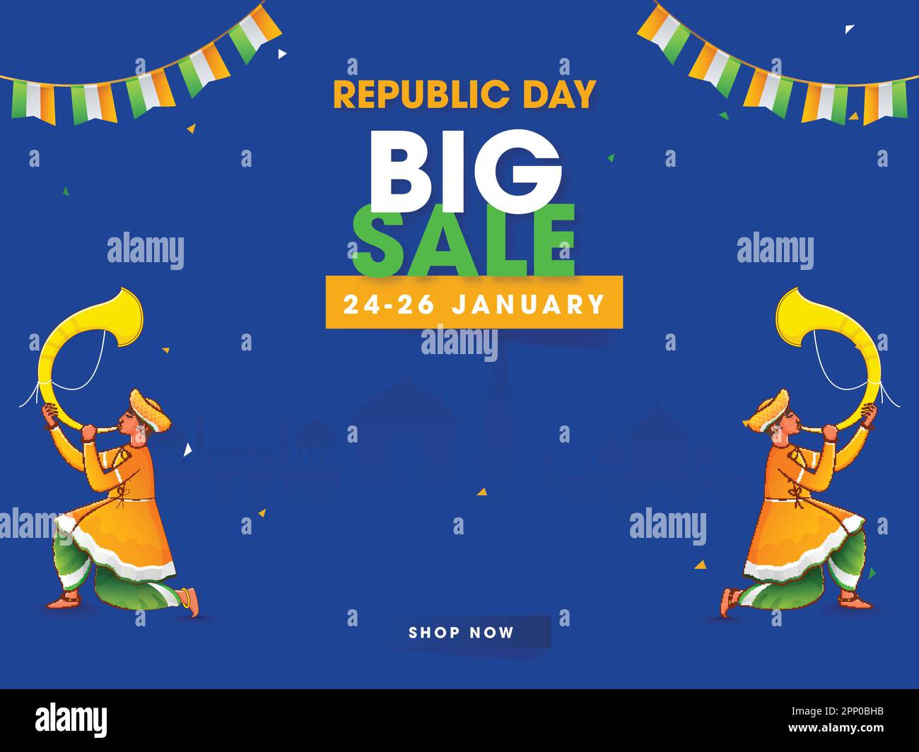 Republic Day Big sale Poster Design con Tutari giocatori uomini in abbigliamento tradizionale e bandiere di conigliatura su sfondo monumento famoso blu. Illustrazione Vettoriale