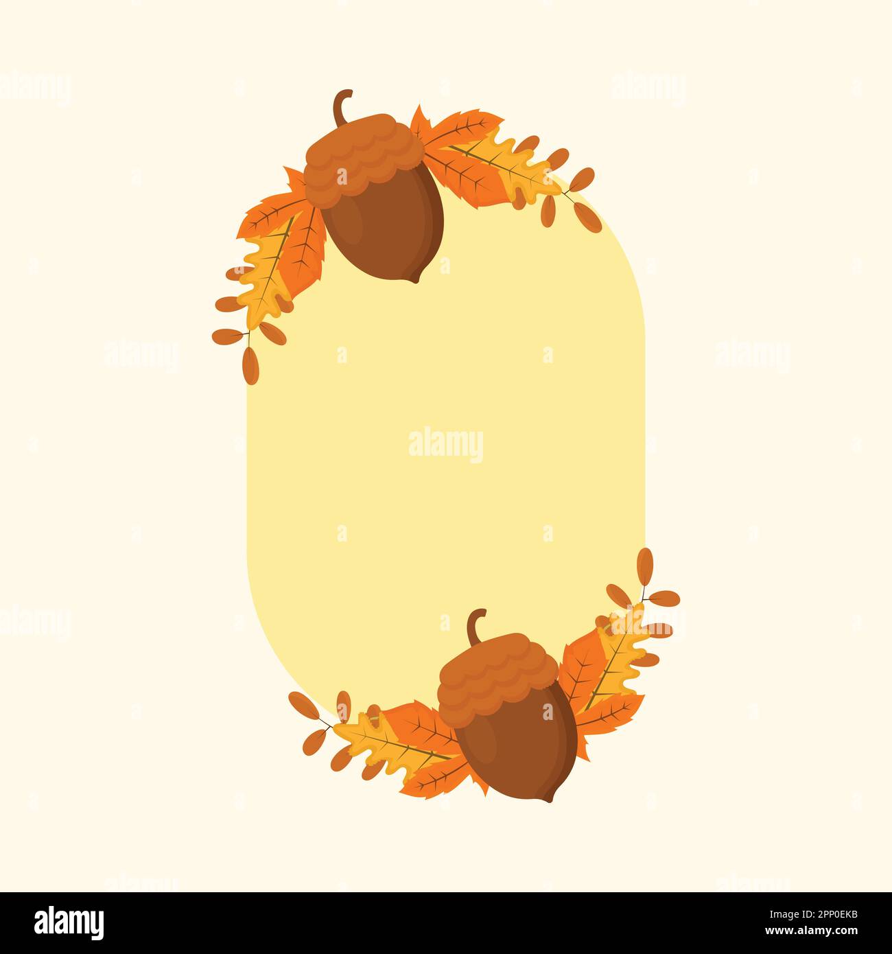 Illustrazione piatta degli Acorni con foglie autunnali cornice ovale giallo decorativa e spazio copia. Illustrazione Vettoriale