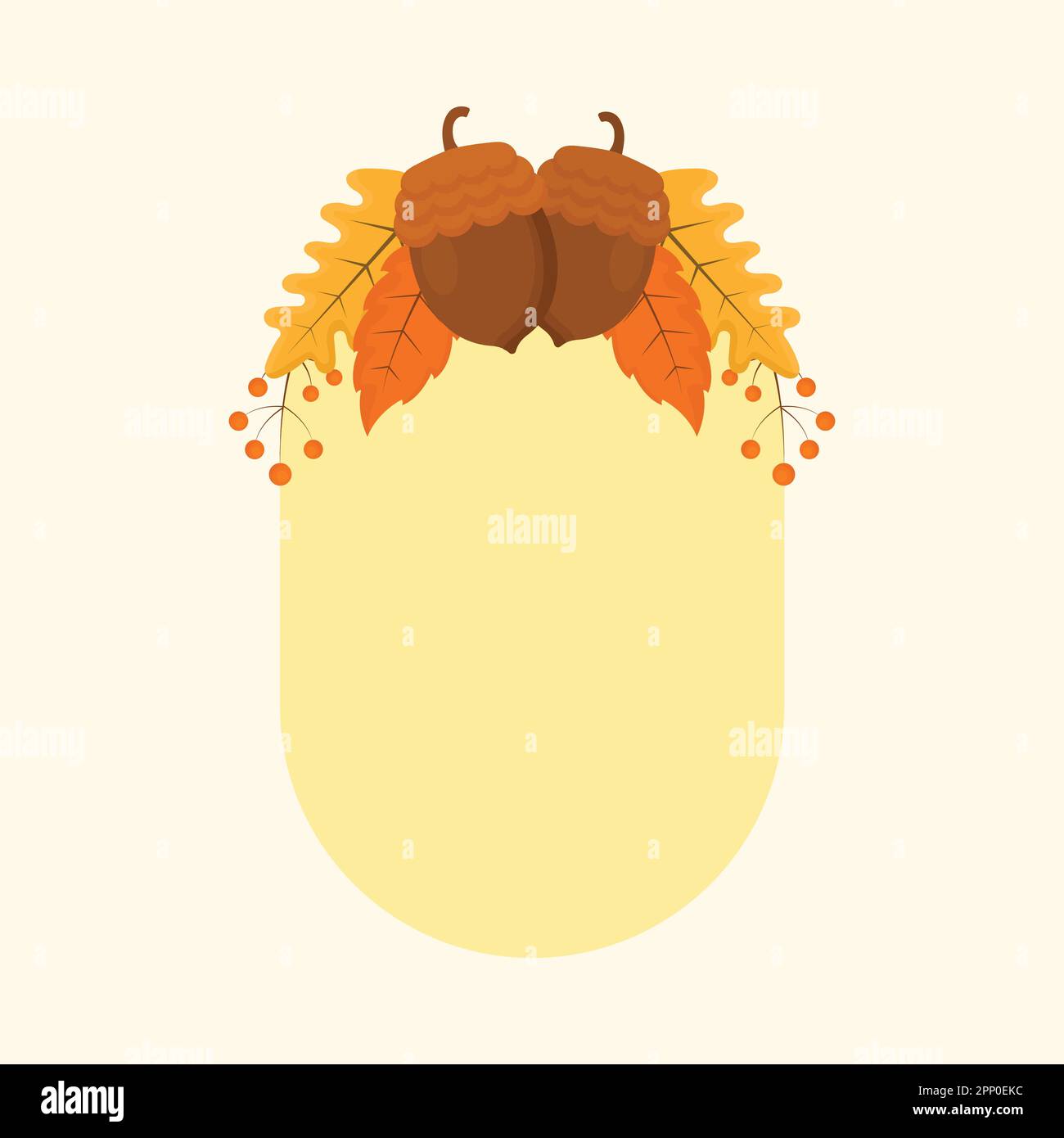 Illustrazione piatta di Acorns con, foglie d'autunno Berry decorativo ovale giallo cornice e Copy Space. Illustrazione Vettoriale