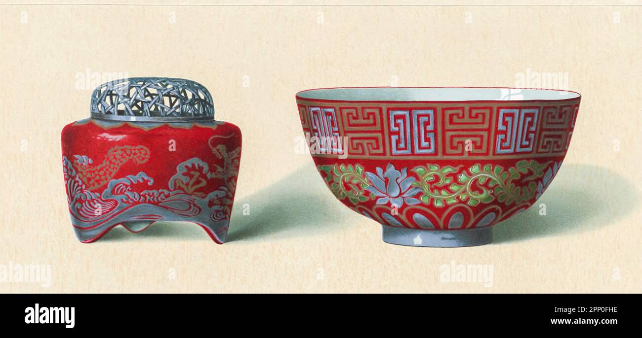 KUTANI WARE GIAPPONESE. INCENSO-BRUCIATORE (Koro) e RISO-CIOTOLA (Mesbi-WAN), circa 1750 dal libro ' ORIENTAL CERAMIC ART COLLECTION OF William Thompson Walters ' pubblicato nel 1897 Foto Stock KUTANI WARE GIAPPONESE. INCENSO-BRUCIATORE (Koro) e RISO-CIOTOLA (Mesbi-WAN), circa 1750 dal libro ' ORIENTAL CERAMIC ART COLLECTION OF William Thompson Walters ' pubblicato nel 1897 Foto Stock