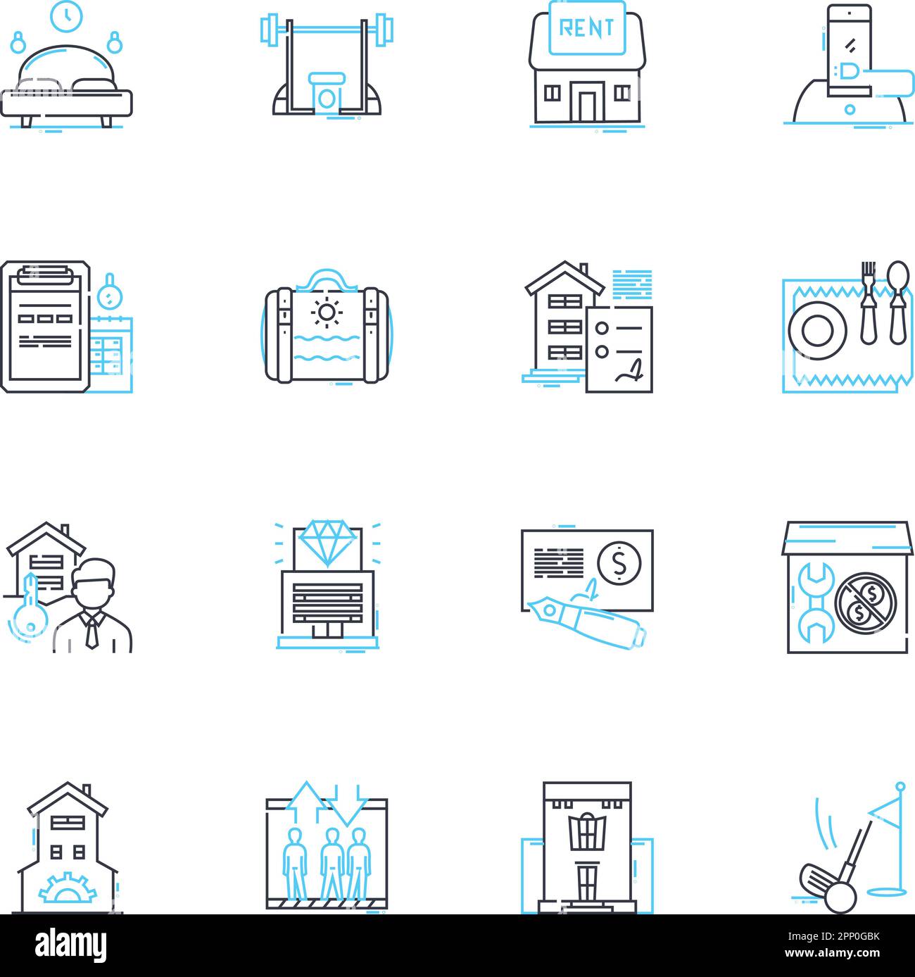 Set di icone lineari dell'industria turistica. Destinazione, Avventura, Viaggi, ospitalità, esperienza, Cultura, linea di cucina vettore e segnali di concetto. Relax Illustrazione Vettoriale