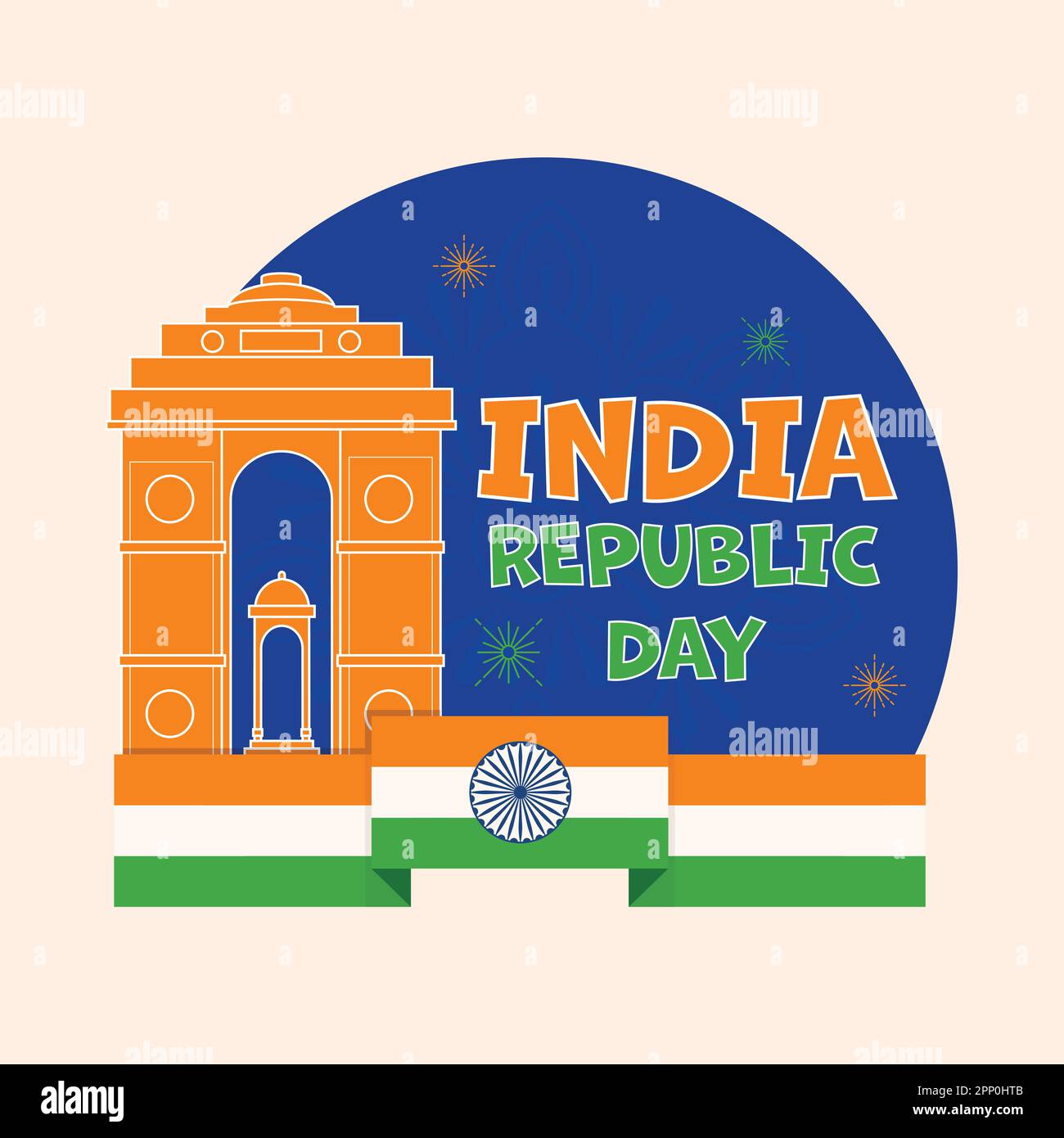 Font India Republic Day con tettoia dietro India Gate, nastro National Flag su sfondo blu e rosa pastello. Illustrazione Vettoriale