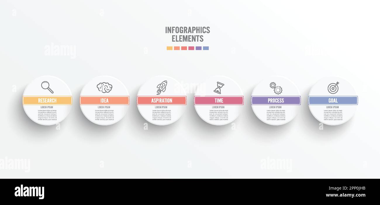 Elementi astratti del modello infografico grafico con etichetta, cerchi integrati. Concetto aziendale con 6 opzioni. Per contenuto, diagramma, diagramma di flusso, passo Illustrazione Vettoriale