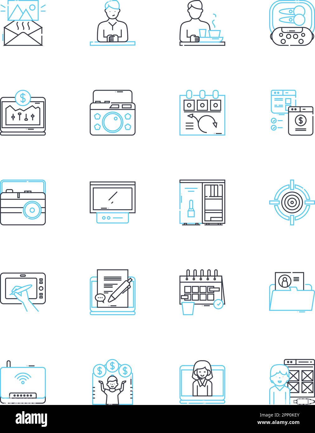 Icone lineari dello scanner impostate. Digitalizzare, OCR, alimentazione a fogli, piatto, portatile, Fronte/retro, vettore di linea negativo e segnali concettuali. Trasparenza,risoluzione Illustrazione Vettoriale