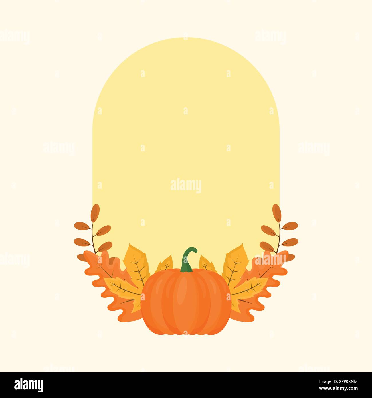 Zucca isolata con foglie autunnali cornice giallo ovale decorativa e Copy Space. Illustrazione Vettoriale