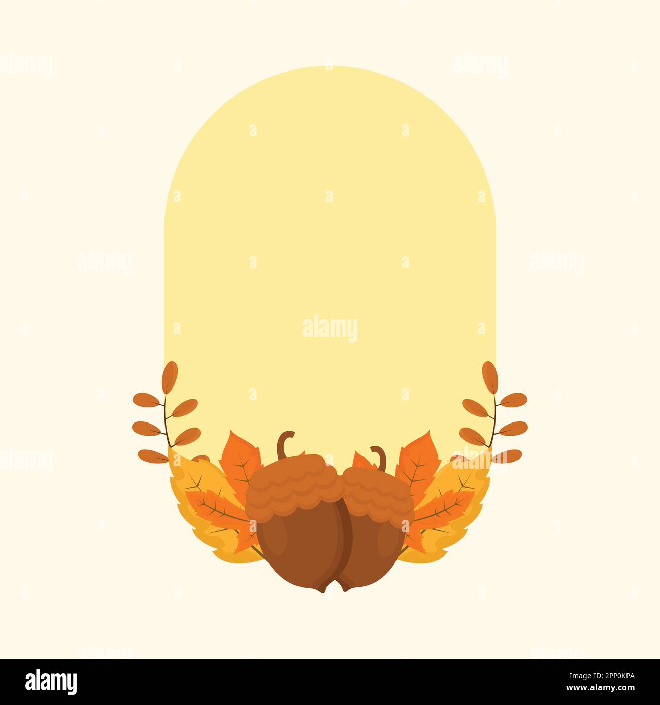 Corni piatti con foglie autunnali cornice ovale giallo decorativo e Copy Space. Illustrazione Vettoriale