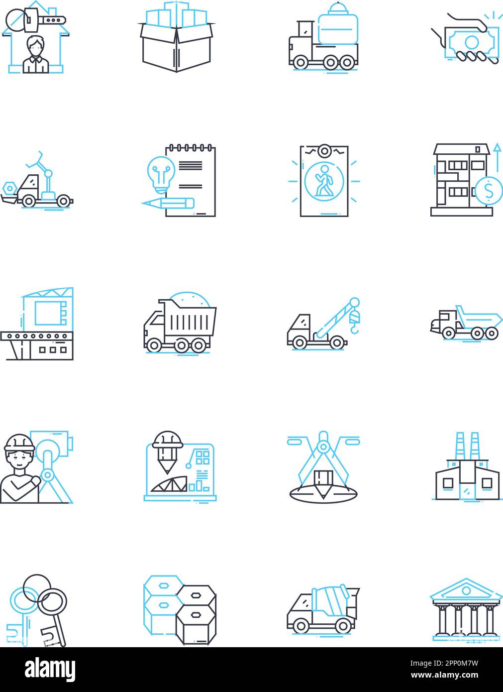 Set di icone lineari per imprese edili. Ristrutturazione, scavo, fondazione, demolizione, Falegnameria, Impianti idraulici, linee elettriche vettoriali e segnaletica concettuale Illustrazione Vettoriale