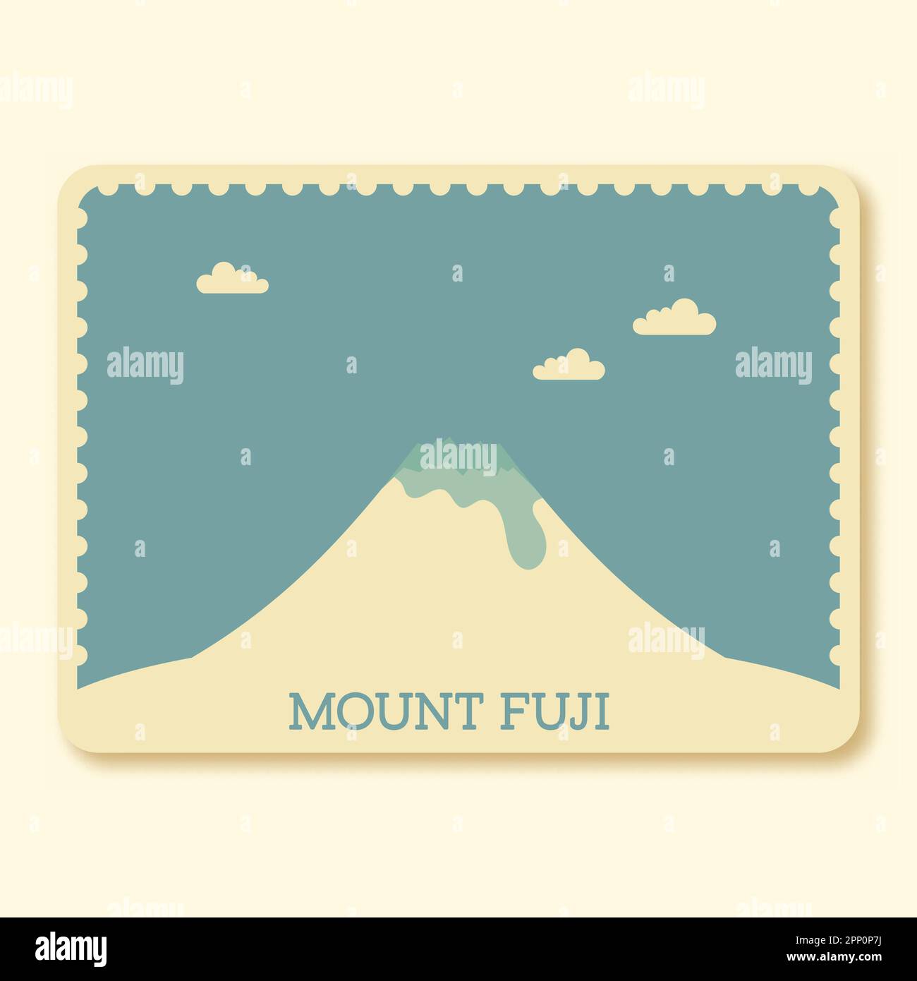 Mount Fuji Stamp o Poster Design in colore blu e beige. Illustrazione Vettoriale