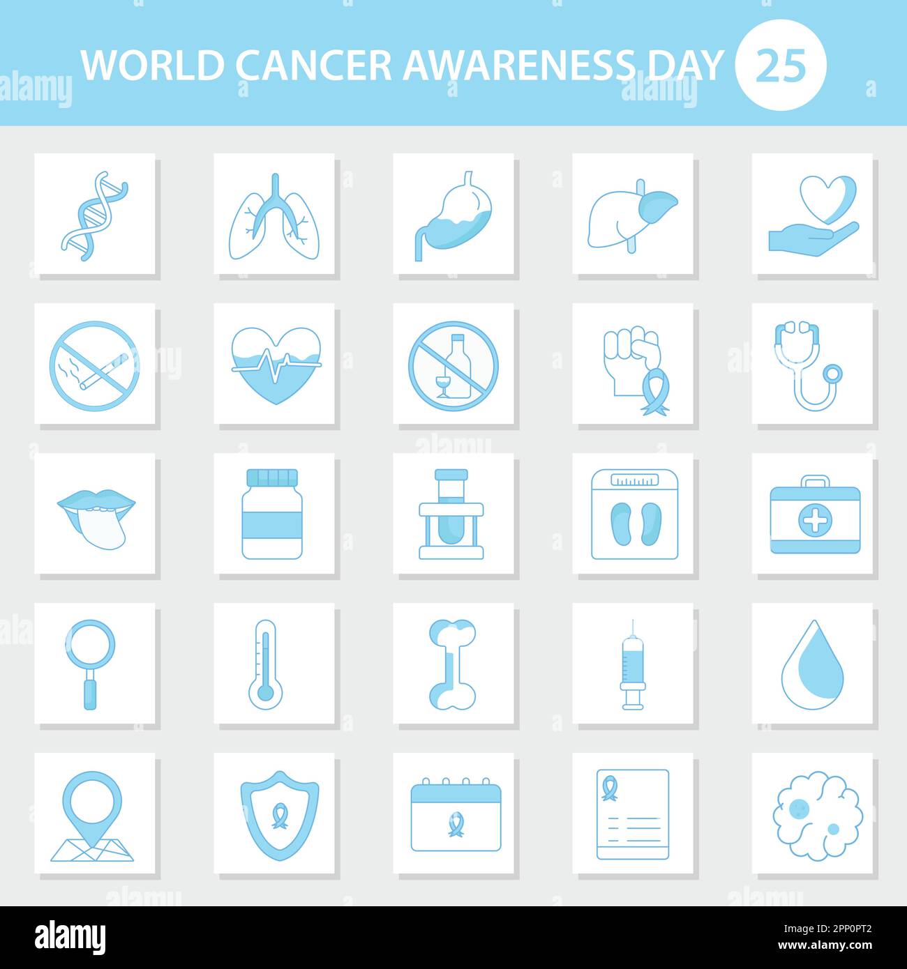 25 icone di World Cancer Awareness di colore blu e bianco. Illustrazione Vettoriale