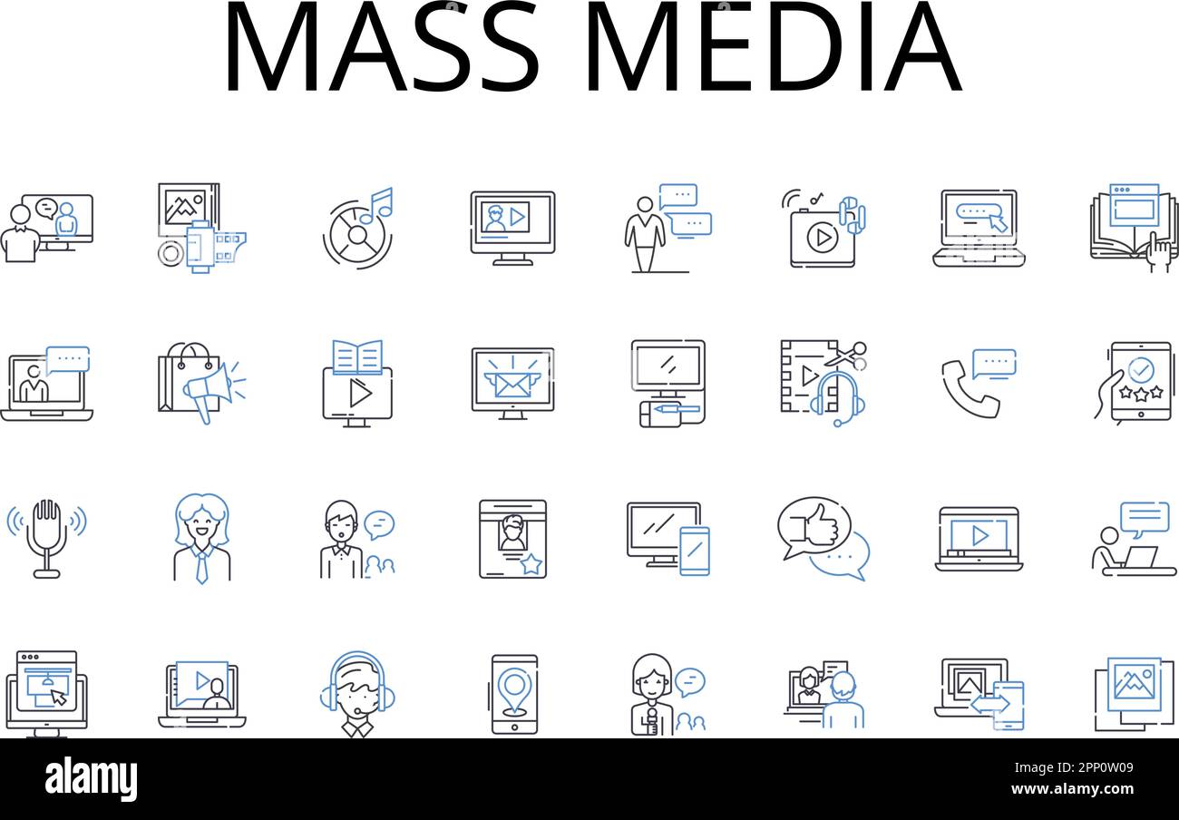 Raccolta di icone della linea dei mass media. Social media, Stampa, Media digitali, Visual media, Broadcast media, Media di notizie, vettore di media di intrattenimento e. Illustrazione Vettoriale