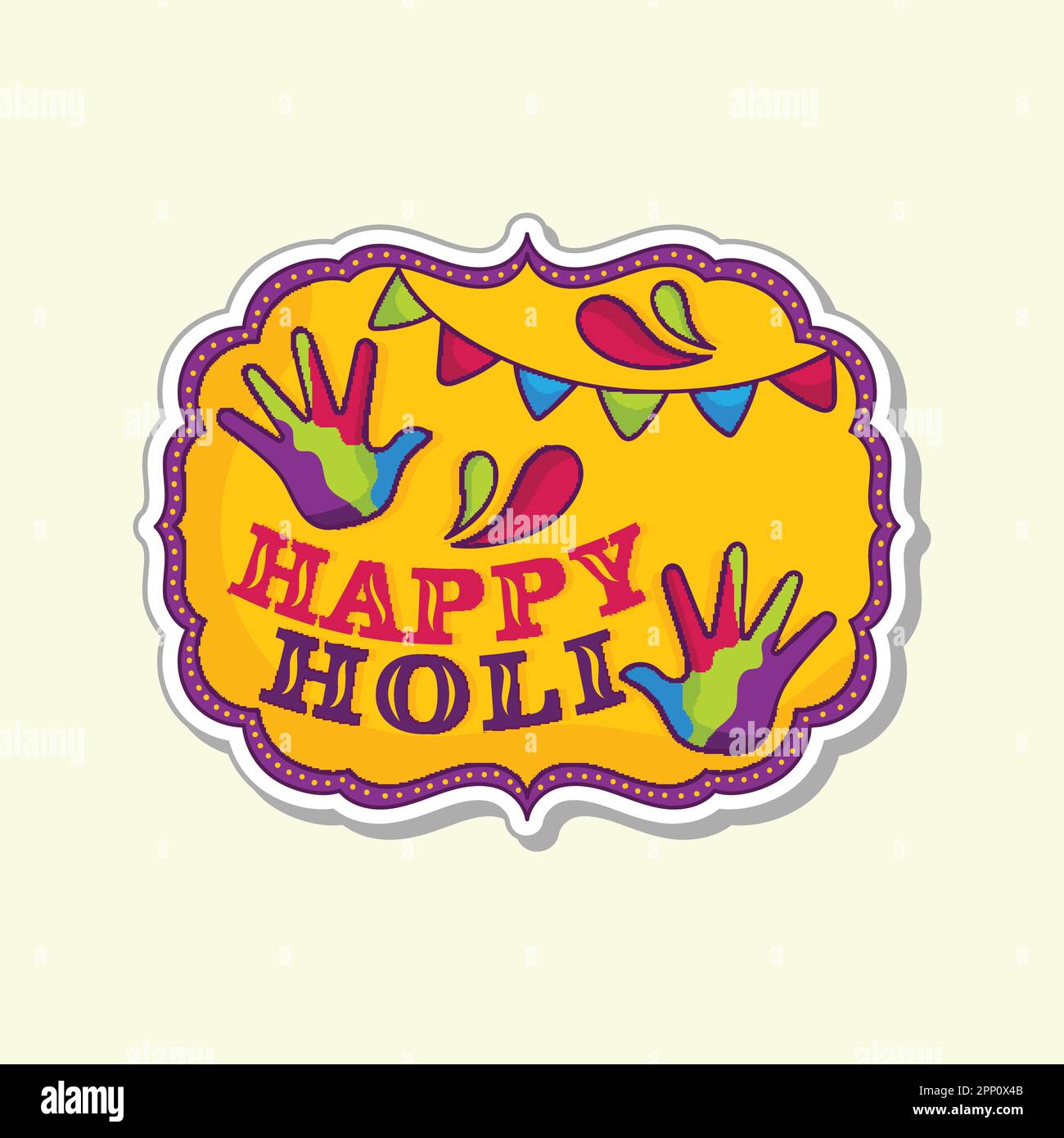 Happy Holi Festival Sticker o etichetta con mano colorata, Bandiera di conigliatura in cornice vintage su sfondo Cosmic latte. Illustrazione Vettoriale