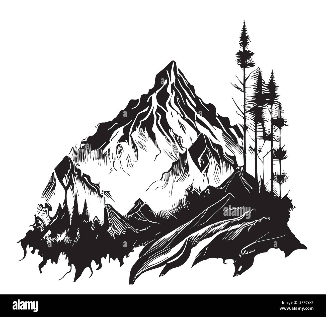 Montagne , foresta disegnata a mano schizzo Vector illustrazione bella natura Illustrazione Vettoriale