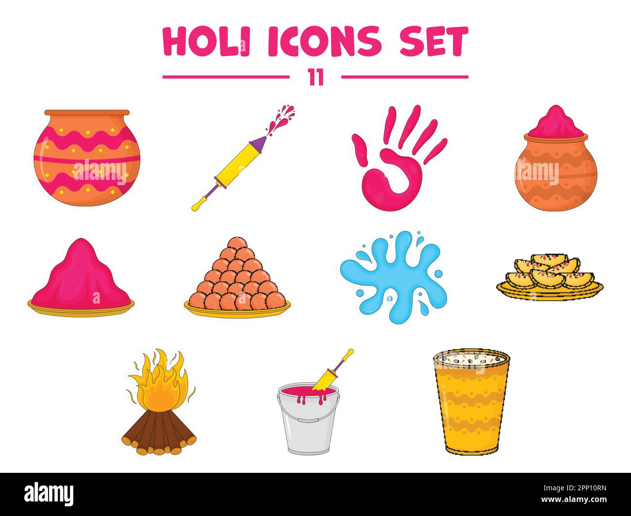 Set di 11 icone o simboli della celebrazione Holi in stile piatto. Illustrazione Vettoriale