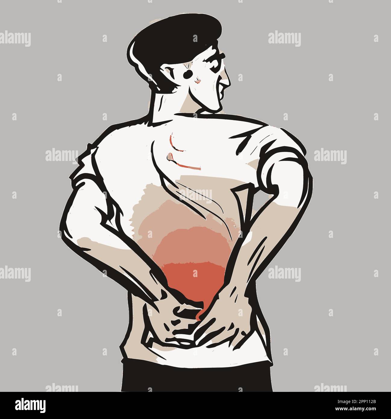 Uomo che soffre di mal di schiena improvviso, toccando la parte inferiore della schiena, immagine vettore infiammazione della parte inferiore della schiena. Illustrazione Vettoriale