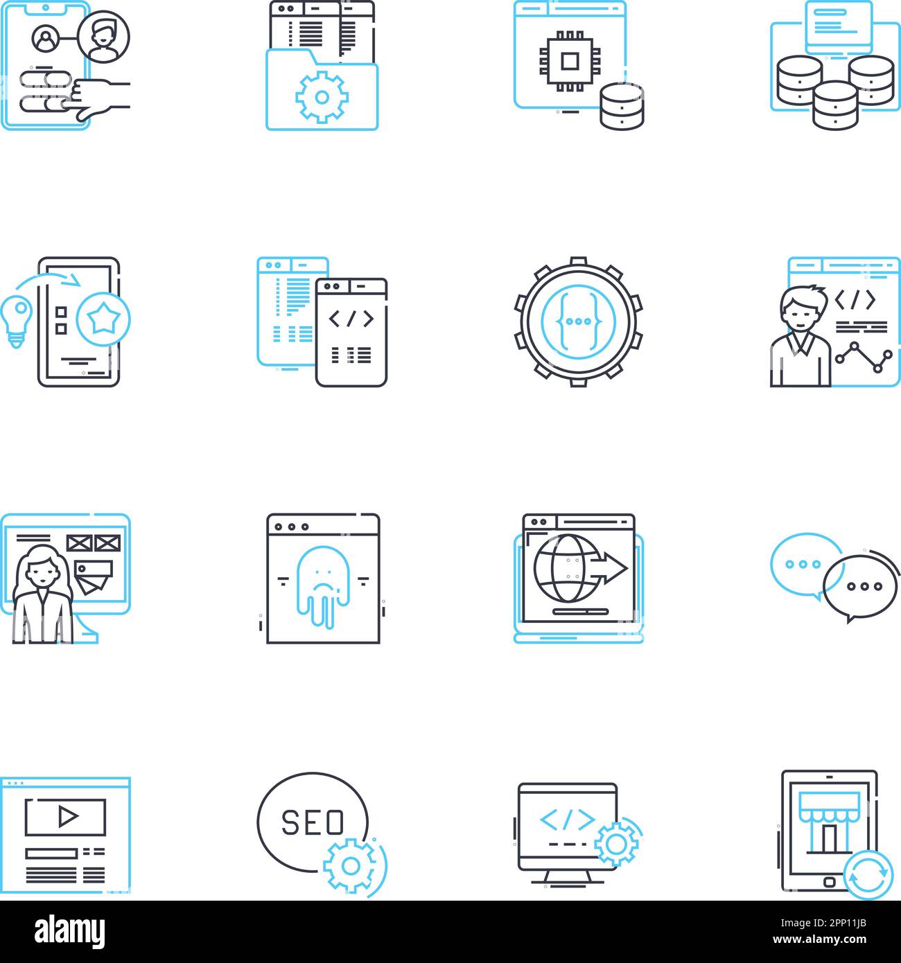 Set di icone lineari per la progettazione di e-mail. Tipografia, Layout, Grafica, Branding, modello, Segnali vettoriali e concettuali dinamici e mobili. Chiama Illustrazione Vettoriale