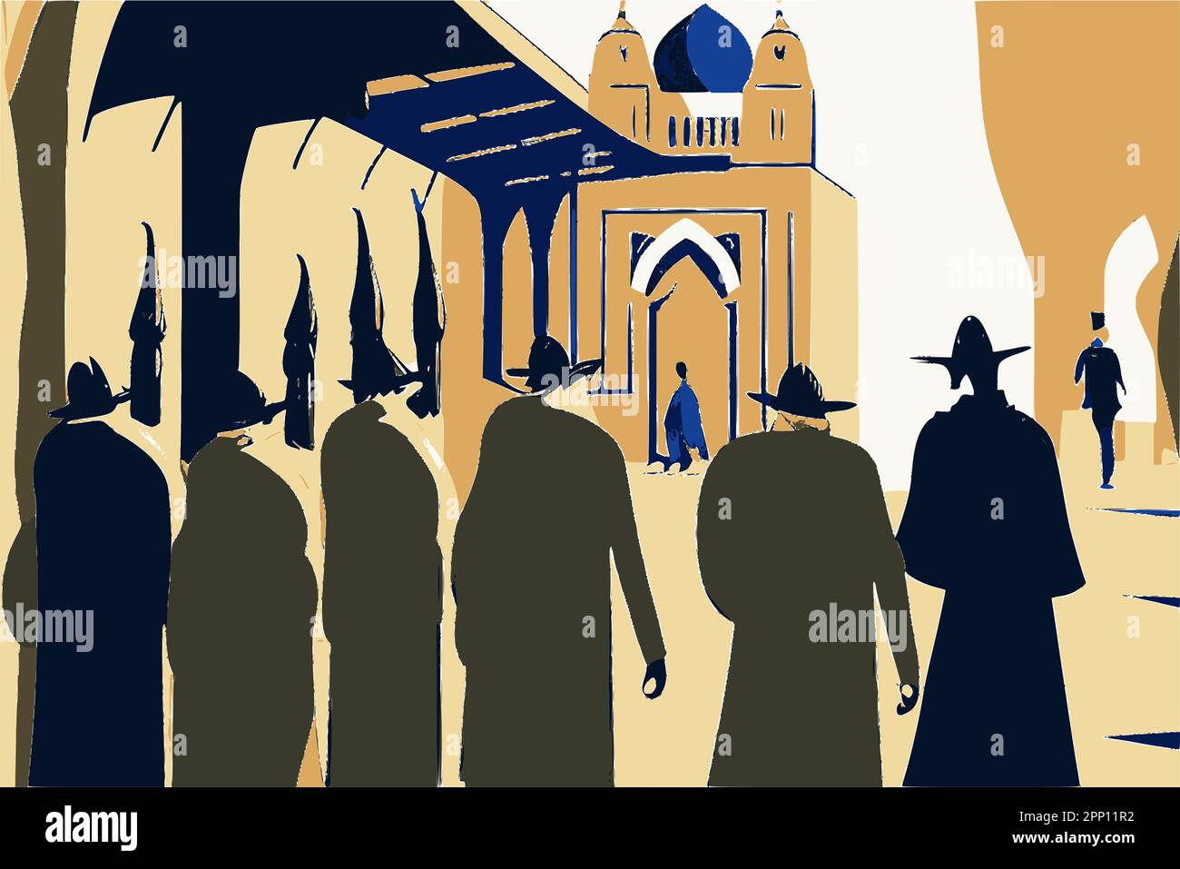 Via Tel Aviv con una silhouette di un ebreo ortodosso in abiti tradizionali. Immagine vettoriale astratta. Illustrazione Vettoriale