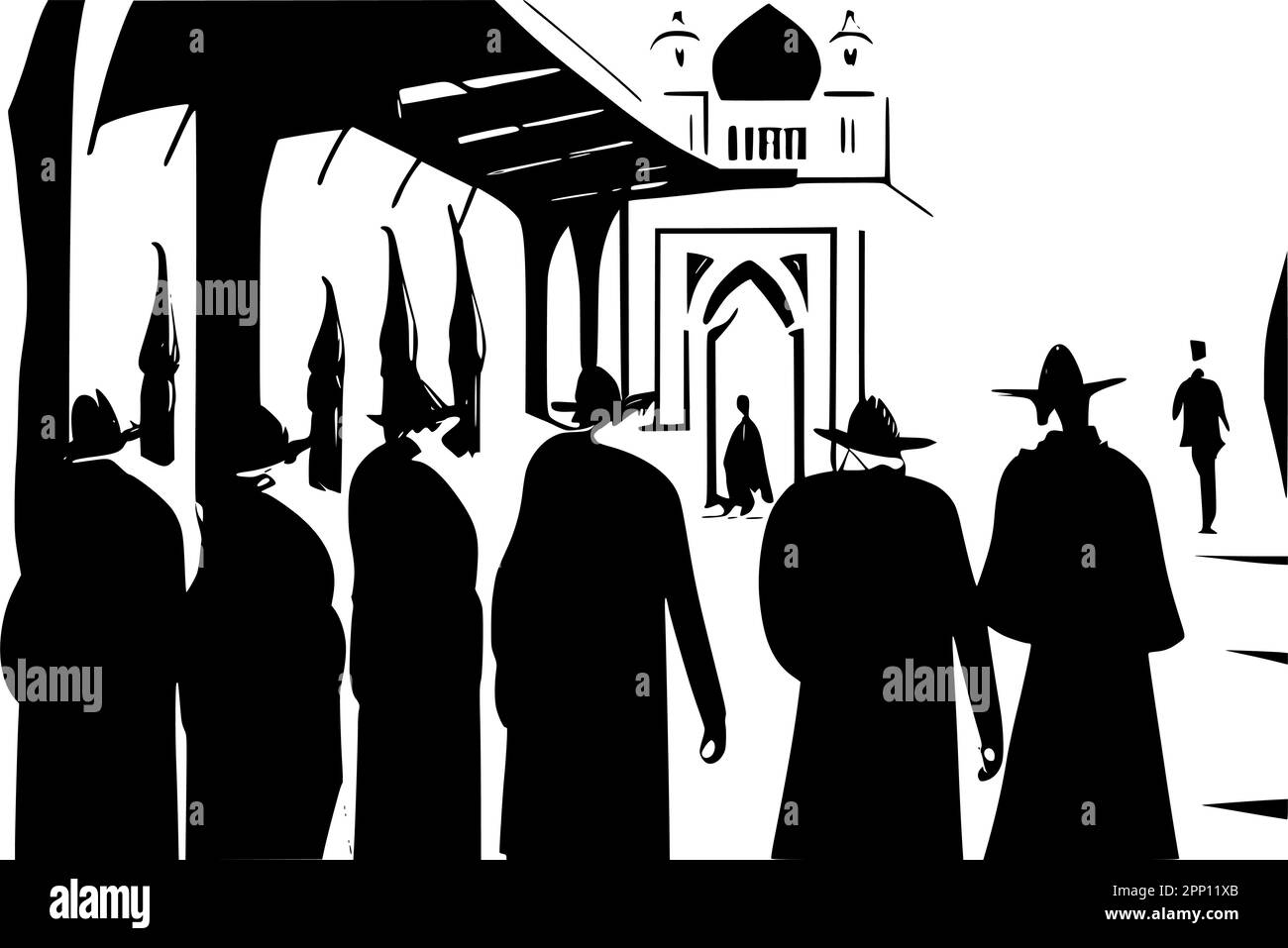 Via Tel Aviv con una silhouette di un ebreo ortodosso in abiti tradizionali. Immagine vettoriale astratta. Illustrazione Vettoriale