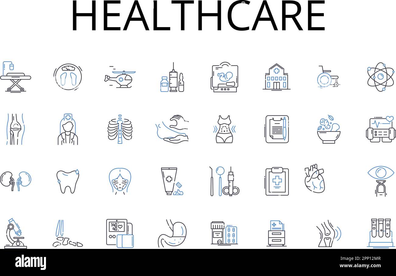 Raccolta di icone della linea sanitaria. Servizi medici, servizi sanitari, assistenza clinica, opzioni di trattamento, gestione sanitaria, Programmi benessere Illustrazione Vettoriale