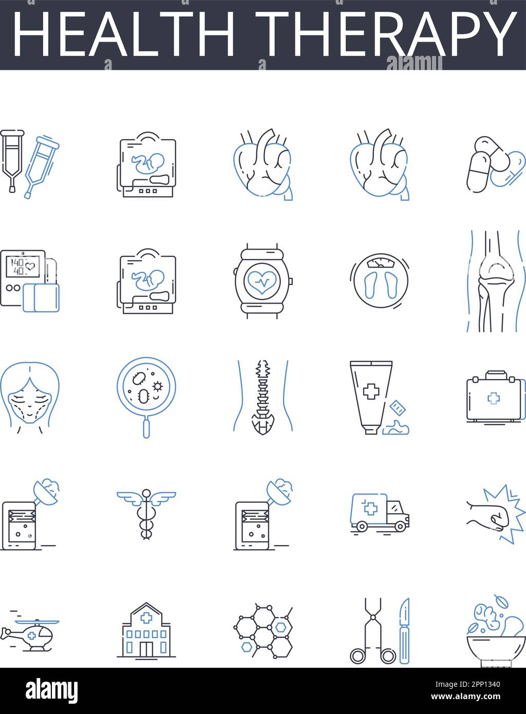 Collezione di icone della linea di terapia sanitaria. Medicina alternativa, medicina complementare, guarigione naturale, trattamento benessere, terapia mente-corpo, Olistico Illustrazione Vettoriale