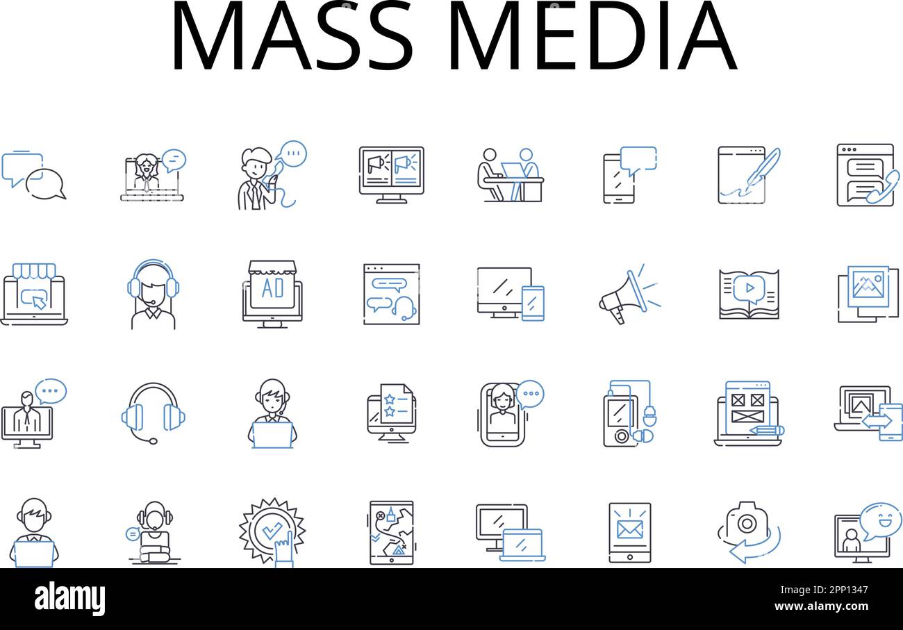 Raccolta di icone della linea dei mass media. Social media, Stampa, Media digitali, Visual media, Broadcast media, Media di notizie, vettore di media di intrattenimento e. Illustrazione Vettoriale