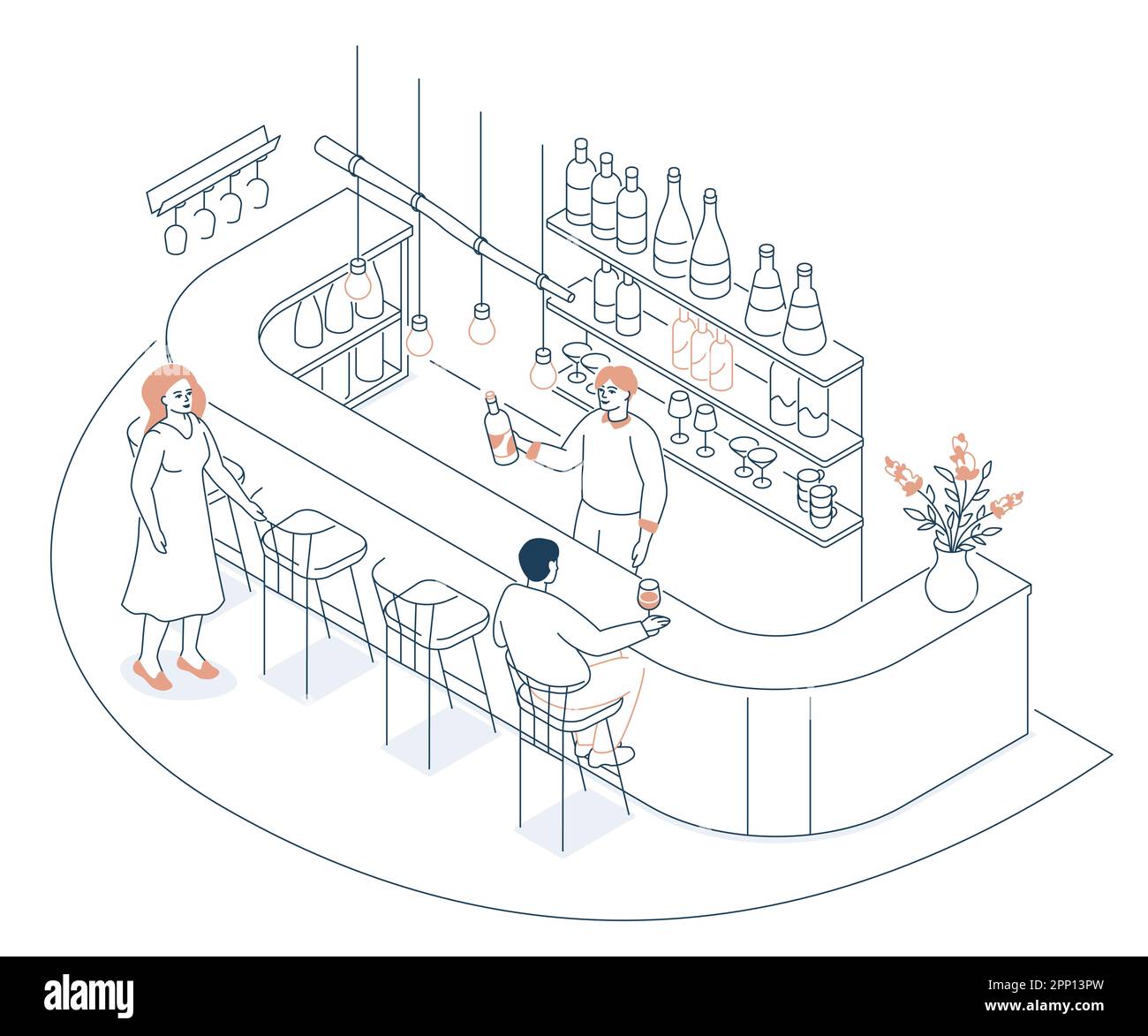 Serata al bar - disegno di linea moderna di stile isometrico Illustrazione Vettoriale