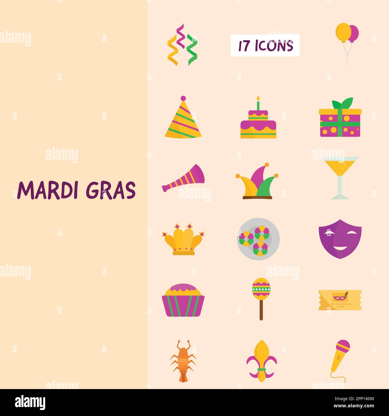 Festa del Mardi Gras 17 icone su sfondo Peach. Illustrazione Vettoriale