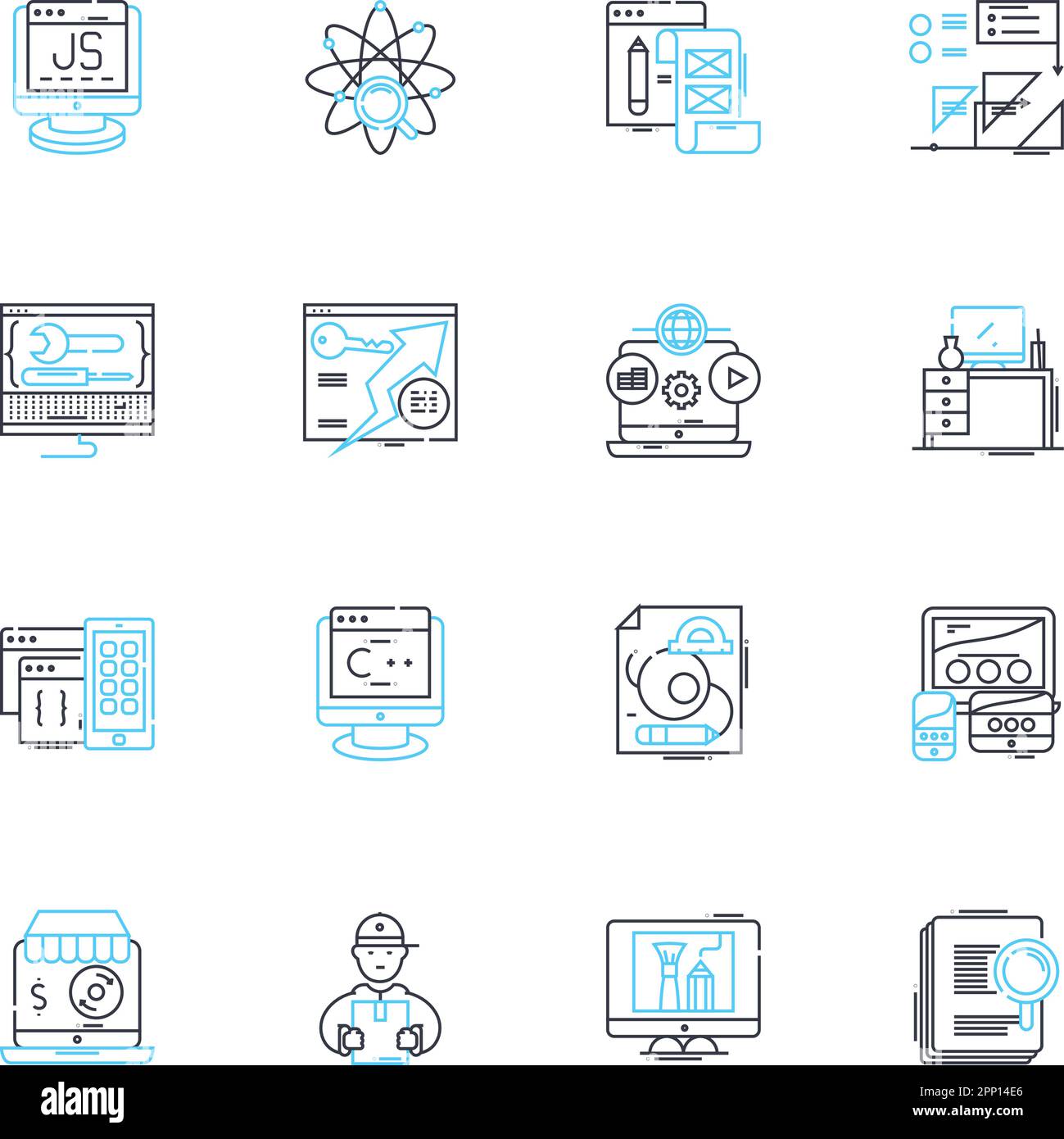 Tecniche di codifica set di icone lineari. Algoritmi, sintassi, debug, ottimizzazione, pseudocodice, Refactoring, vettore di linea di astrazione e segnali concettuali Illustrazione Vettoriale
