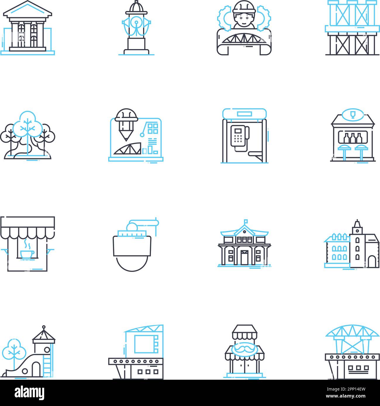 Set di icone lineari per esperti di costruzioni. Calcestruzzo, acciaio, Fondazione, architettura, misurazione, BluePrint, linee di ponteggio vettoriali e segnali concettuali Illustrazione Vettoriale