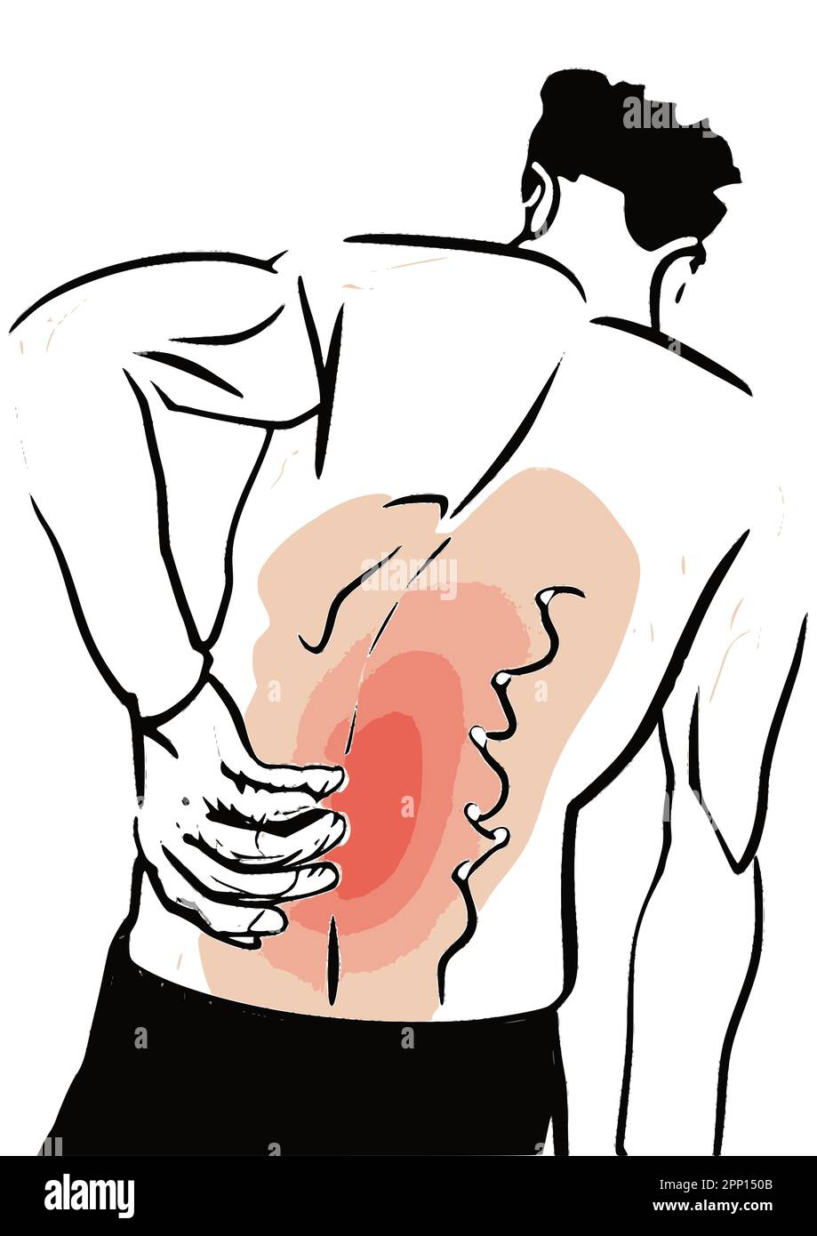 Uomo che soffre di mal di schiena improvviso, toccando la parte inferiore della schiena, immagine vettore infiammazione della parte inferiore della schiena. Illustrazione Vettoriale