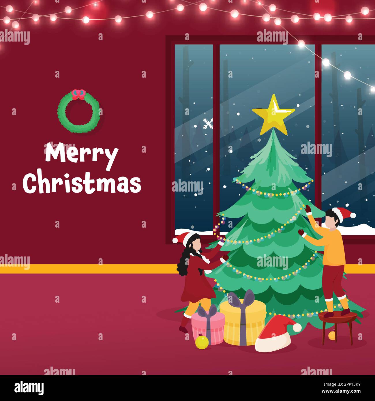Allegro Natale Celebration Vista interna con Bambini senza volto decorato albero di Natale da Garland illuminazione, scatole regalo e cappello di Santa. Illustrazione Vettoriale