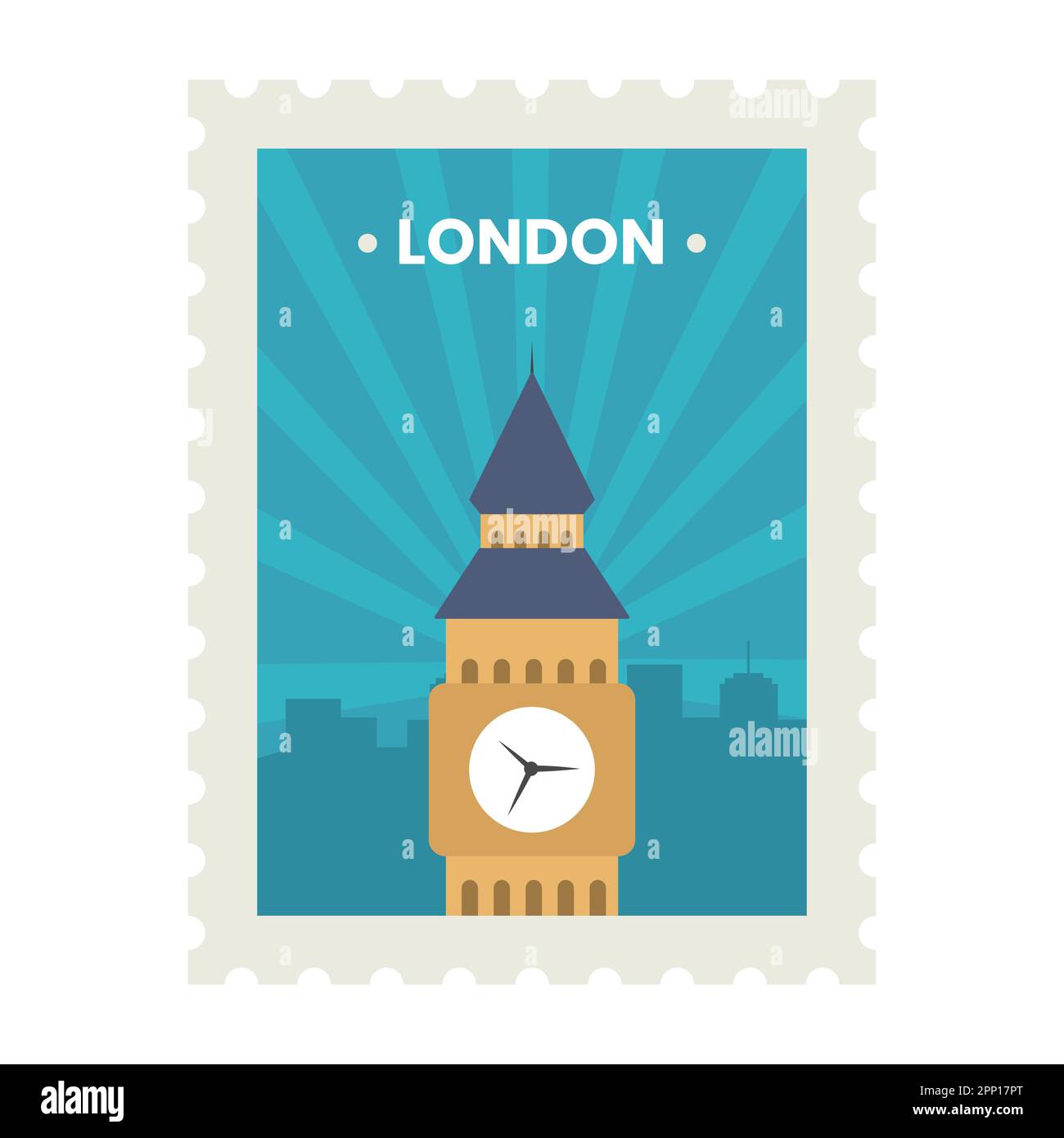 Flat Big ben contro i raggi blu con sfondo edificio urbano per London Ticket o Stamp Design. Illustrazione Vettoriale