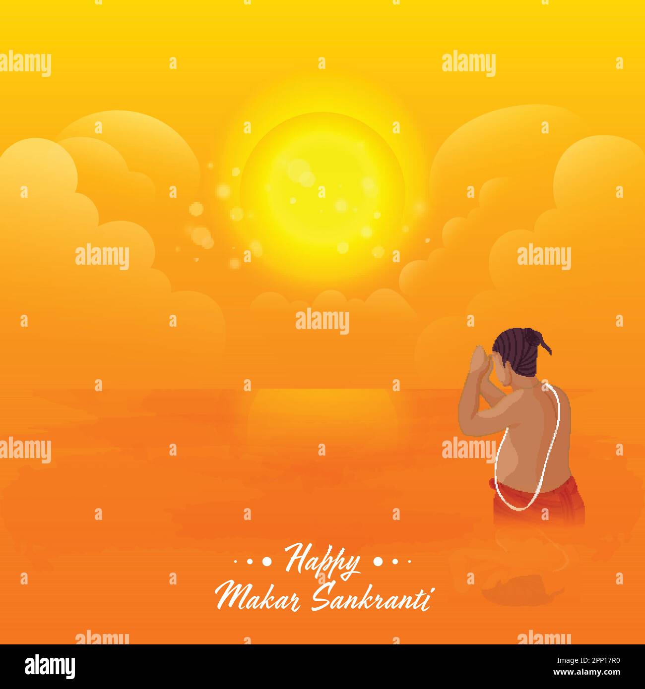 Illustrazione di Sage che offre acqua al sole nel fiume su sfondo arancione per il festival Happy Makar Sankranti. Illustrazione Vettoriale