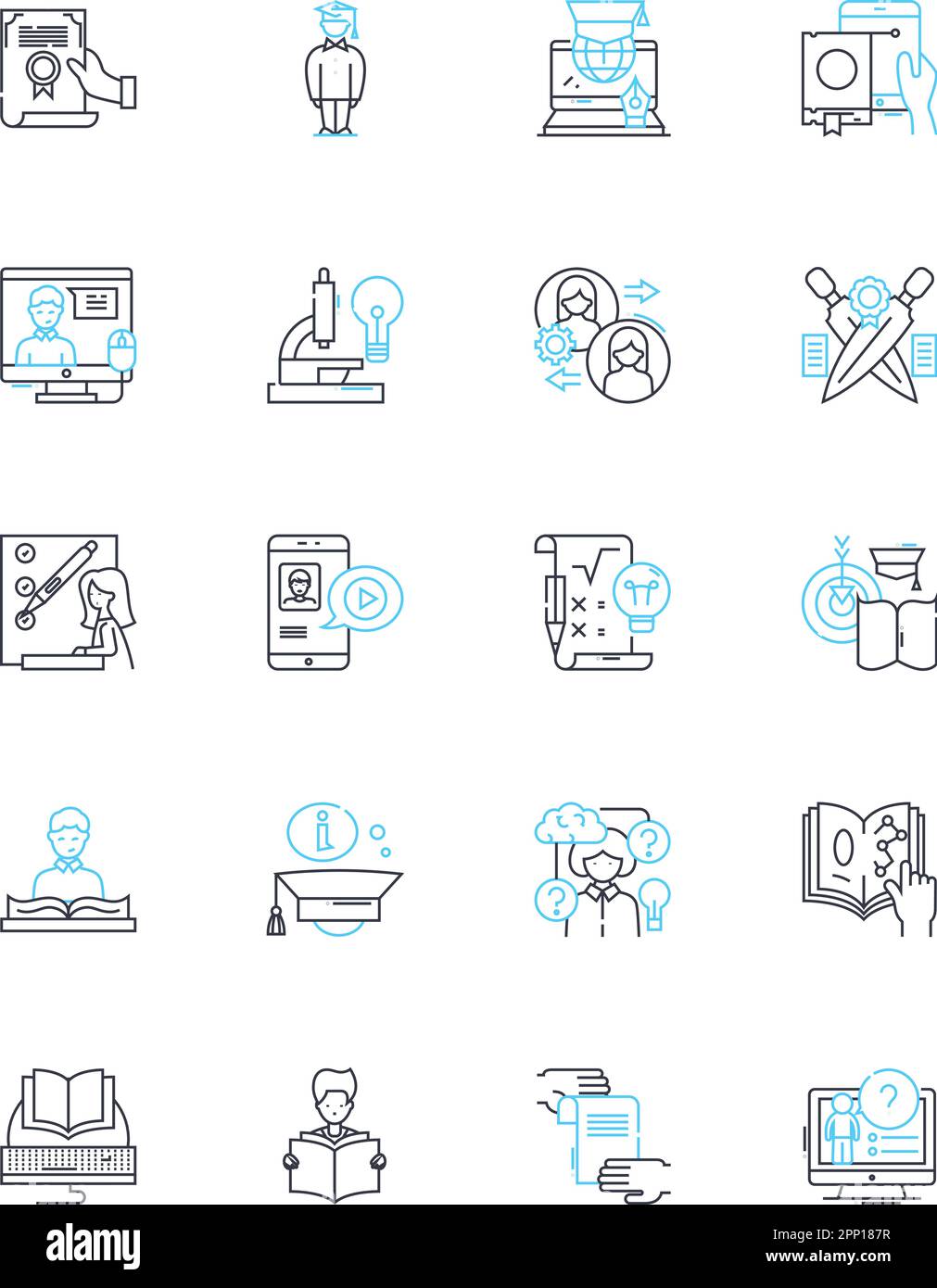 Set di icone lineari della scuola virtuale. Online, Istruzione, virtuale, apprendimento, distanza, Segnali vettoriali e concettuali remoti, di linea Homeschooling. Tecnologia,Zoom Illustrazione Vettoriale