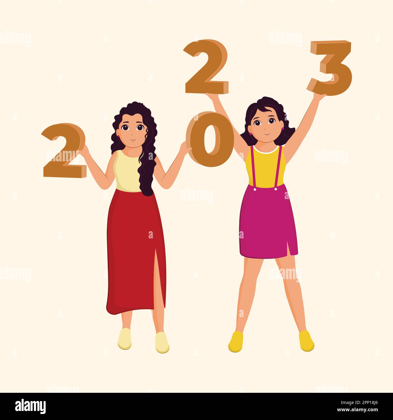 Attraenti giovani ragazze moderne che tiene numeri di 3D 2023 su sfondo Cosmic latte per l'evento di Capodanno. Illustrazione Vettoriale