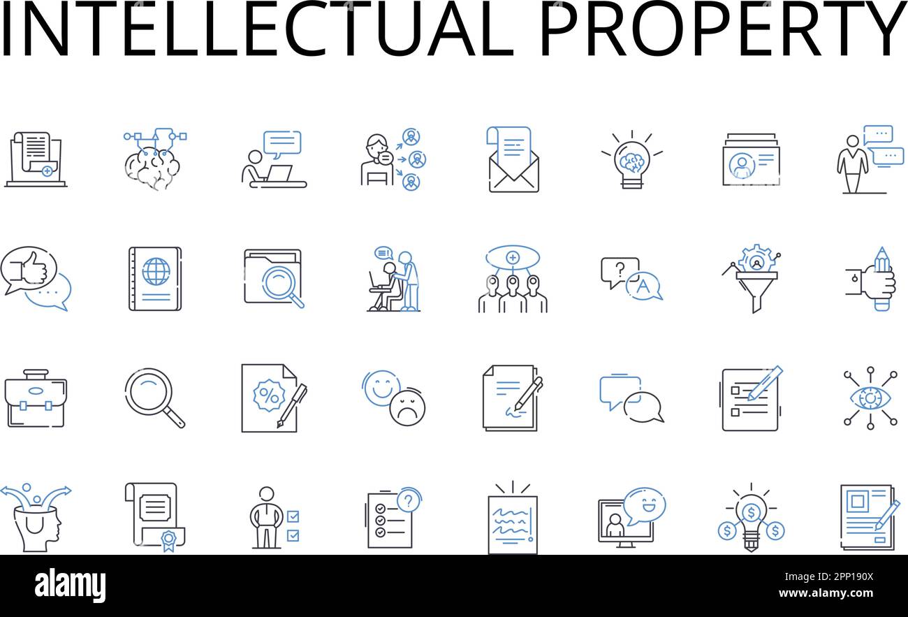 Collezione di icone della linea della proprietà intellettuale. Proprietà privata, diritti legali, diritto d'autore, segreti commerciali, invenzioni brevettate, Dati proprietari Illustrazione Vettoriale