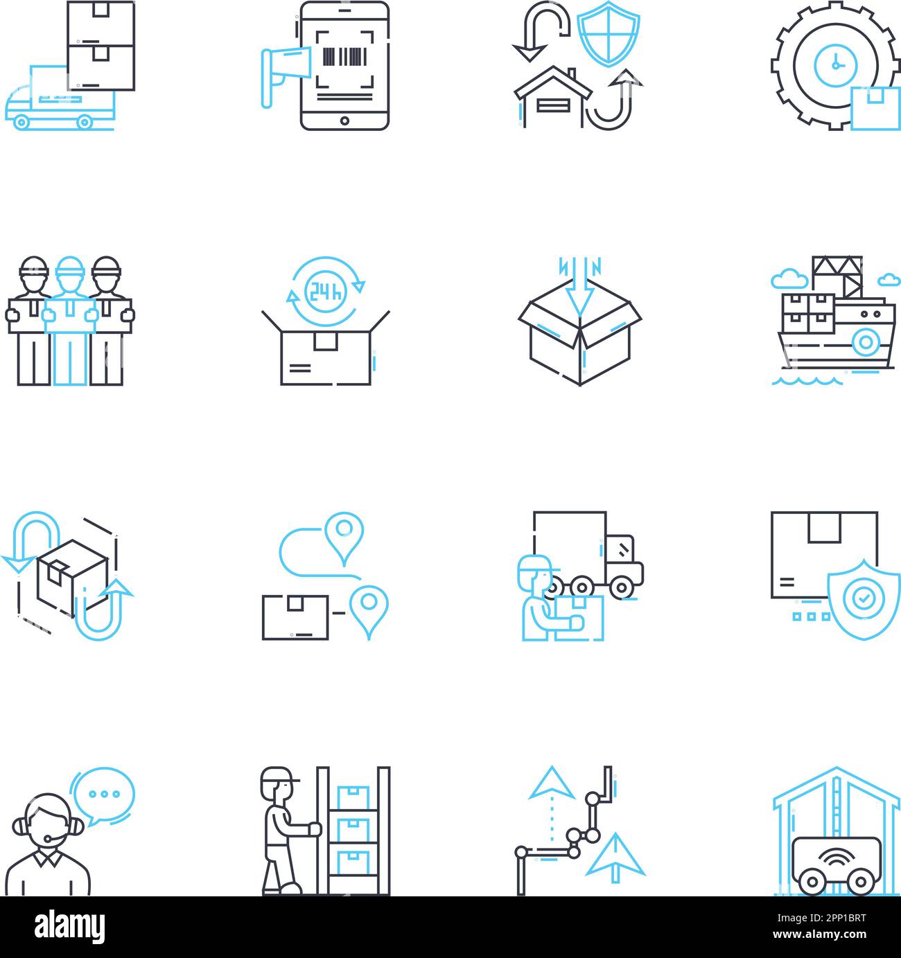 Set di icone lineari per servizio di spedizione. Consegna, logistica, trasporto, trasporto, esportazione, Importa, vettore linea portante e segnali concettuali. Spedizione Illustrazione Vettoriale