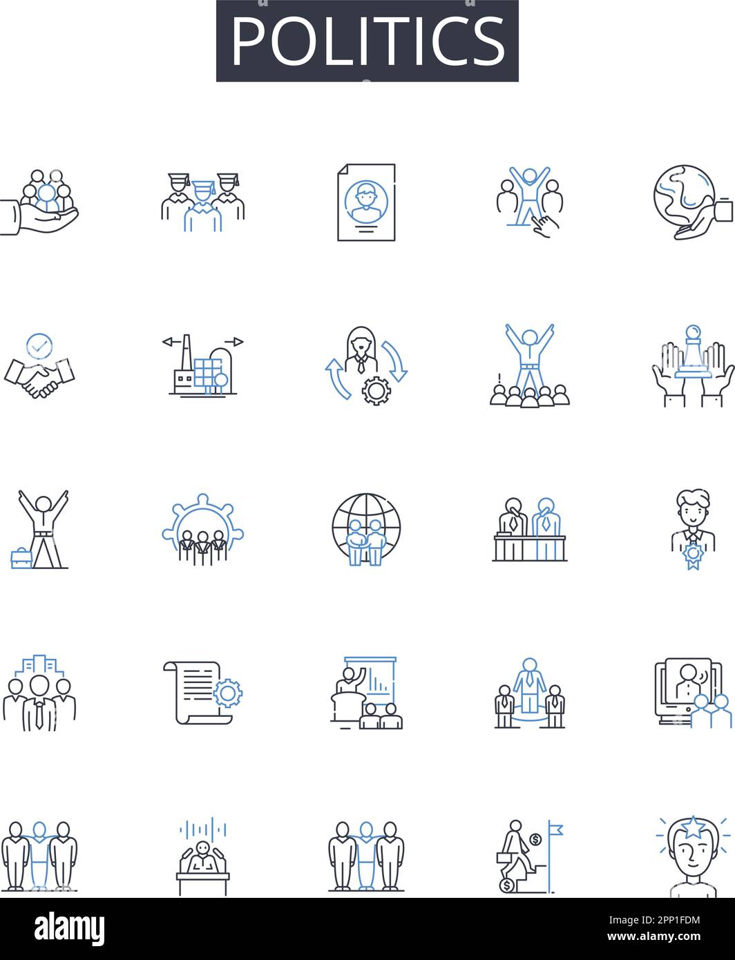 Collezione icone linea politica. Affari governativi, statecraft, Affari pubblici, società civica, scienza politica, Interesse nazionale, Politica pubblica Illustrazione Vettoriale