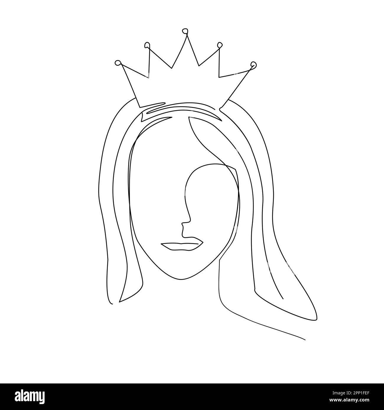 Il volto di donna che indossa un disegno a linea continua tiara. Logo del salone di bellezza, concetto di bellezza e di fiducia in se stessi. Ogni donna come un vettore regina Illustrazione Vettoriale
