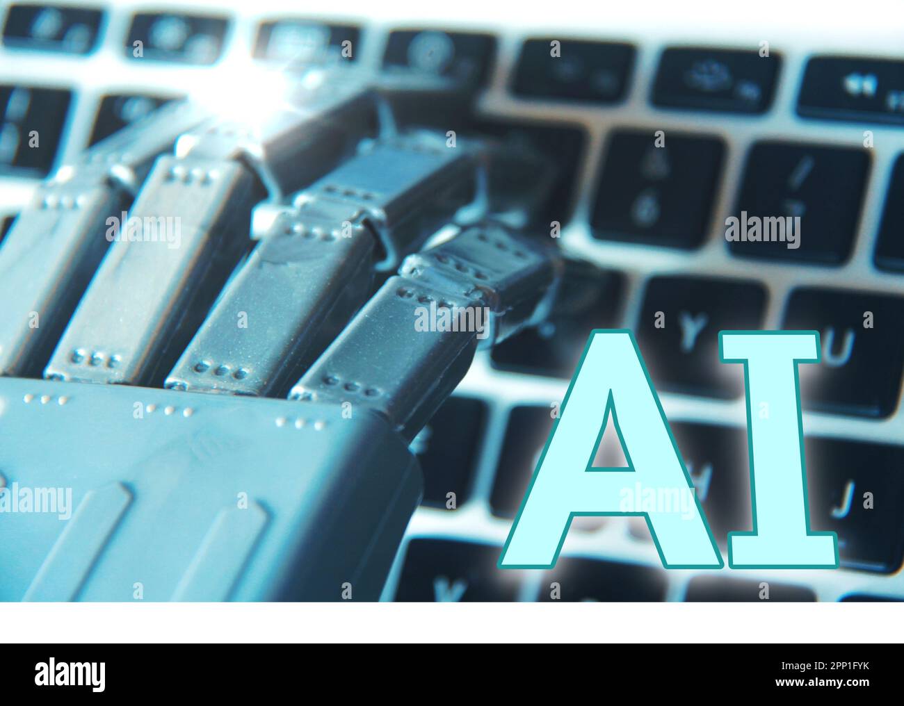 Mano del robot con il computer come sfondo , concetto di intelligenza artificiale. Foto Stock