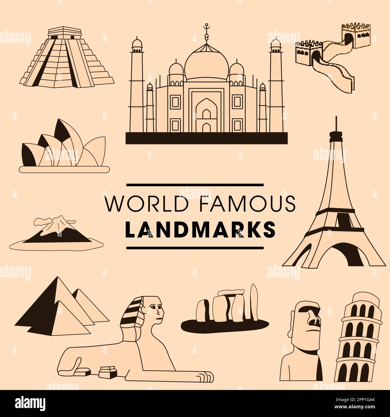 Icona famosa in tutto il mondo in Peach e colore marrone. Illustrazione Vettoriale