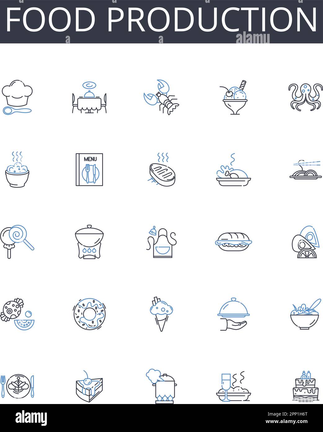 Linea di produzione alimentare collezione icone. Agricoltura, arti culinarie, coltivazione, coltivazione, raccolta, Pesca, vettore di bestiame e illustrazione lineare Illustrazione Vettoriale