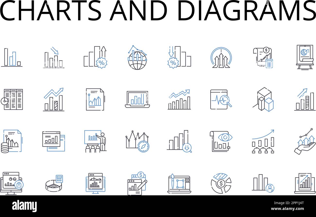 Grafici e diagrammi linea icone raccolta. Numeri cifre, Mappe Blueprint, dati statistici, dati informativi, numeri cifre, Tabelle griglie Illustrazione Vettoriale