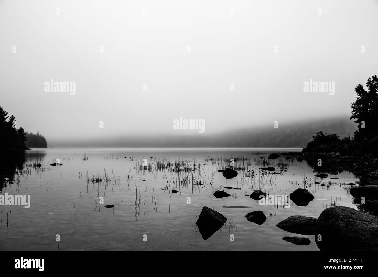Waters bordo di Jordan Pond nel Parco Nazionale di Acadia, Maine, USA con nebbia che si imposta in lontananza Foto Stock