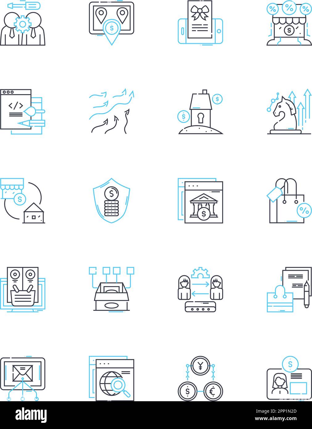 Set di icone lineari per materiale promozionale. Vendite, Vending, prodotti, Pop-up, Kiosk, Retail, Inventory Line Vector e Concept Signs. Popup, sconti, scorte Illustrazione Vettoriale