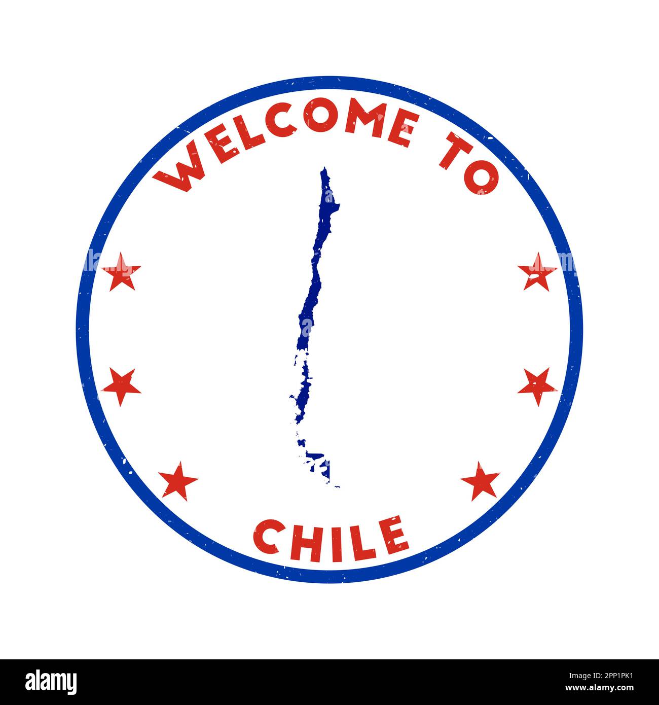 Benvenuto nel francobollo del Cile. Francobollo rotondo di campagna grunge con texture di colore rosso e blu. Sigillo Cile geometrico in stile vintage. Illustrazione Vettoriale