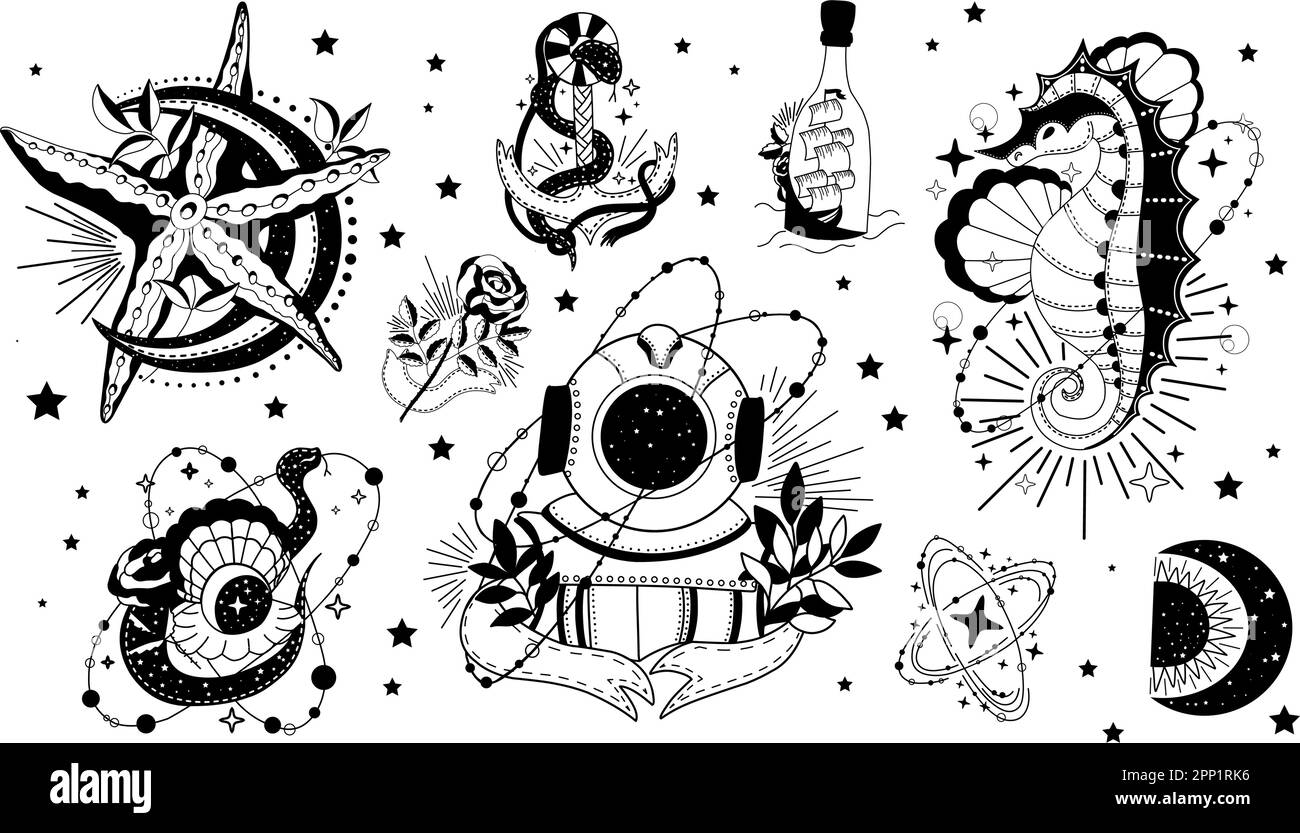 Concetto di vettore mistico dell'app. Illustrazione occultismo tatuaggio, esoterico witchcraft banner sketch.Spiritual occultismo simboli, oggetti esoterici. Illustrazione Vettoriale