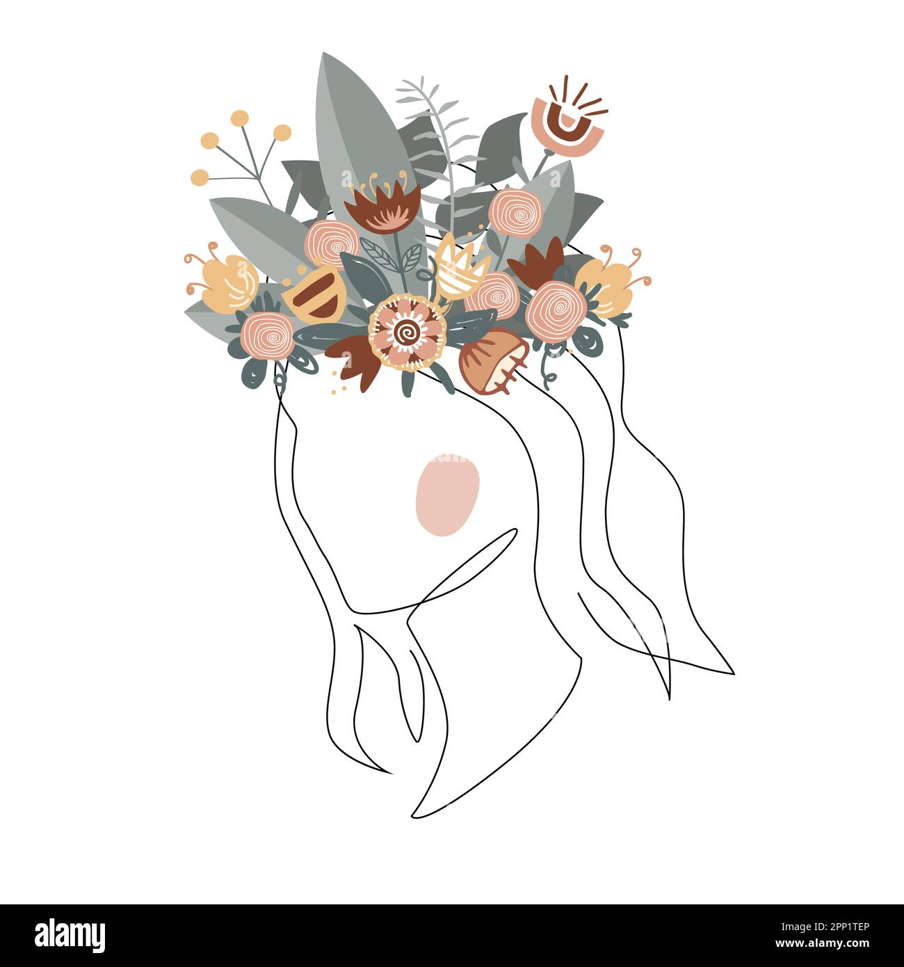 Donna testa silhouette con corona floreale. Forest dryad o natura regina concetto. Illustrazione femminile alla moda con isolamento facciale in stile artistico a una linea Illustrazione Vettoriale