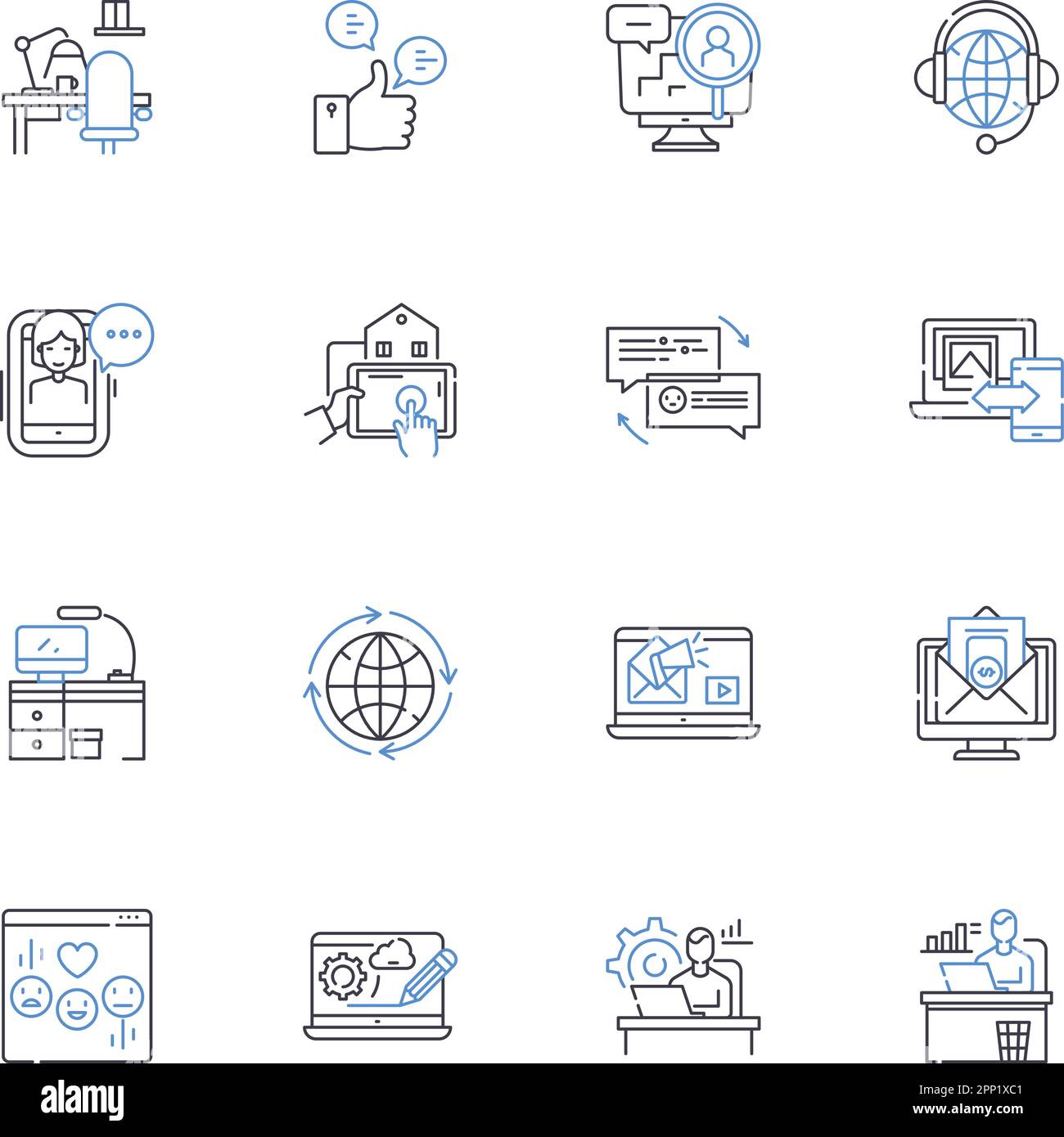 Raccolta di icone della community online. Nerking, discussioni, collaborazione, coinvolgimento, interazione, Comunità, connessioni vettoriali e lineari Illustrazione Vettoriale
