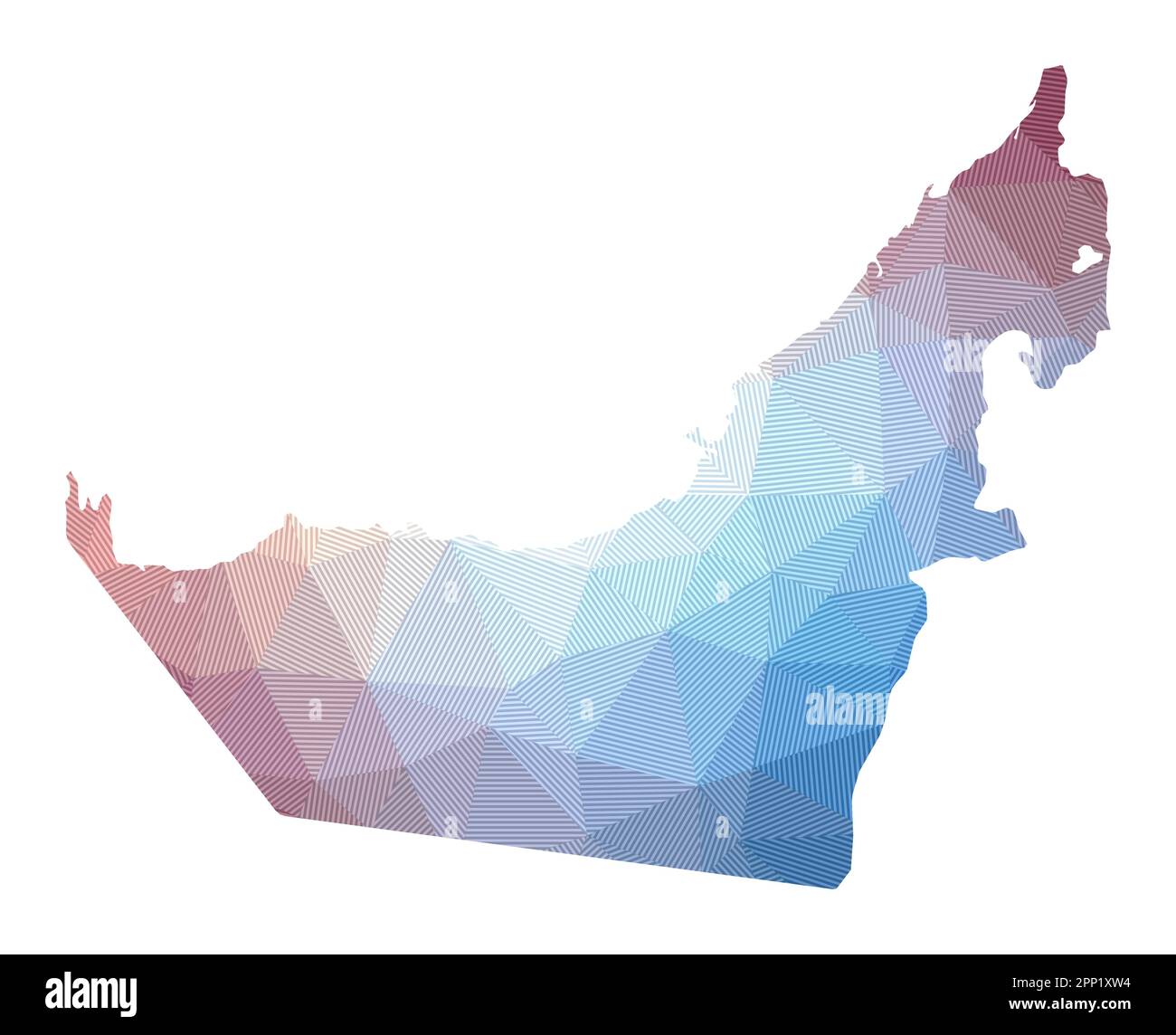 Mappa degli Emirati Arabi Uniti. Illustrazione poly bassa del paese. Disegno geometrico a strisce. Tecnologia, Internet, concetto di rete. Illustrazione vettoriale. Illustrazione Vettoriale